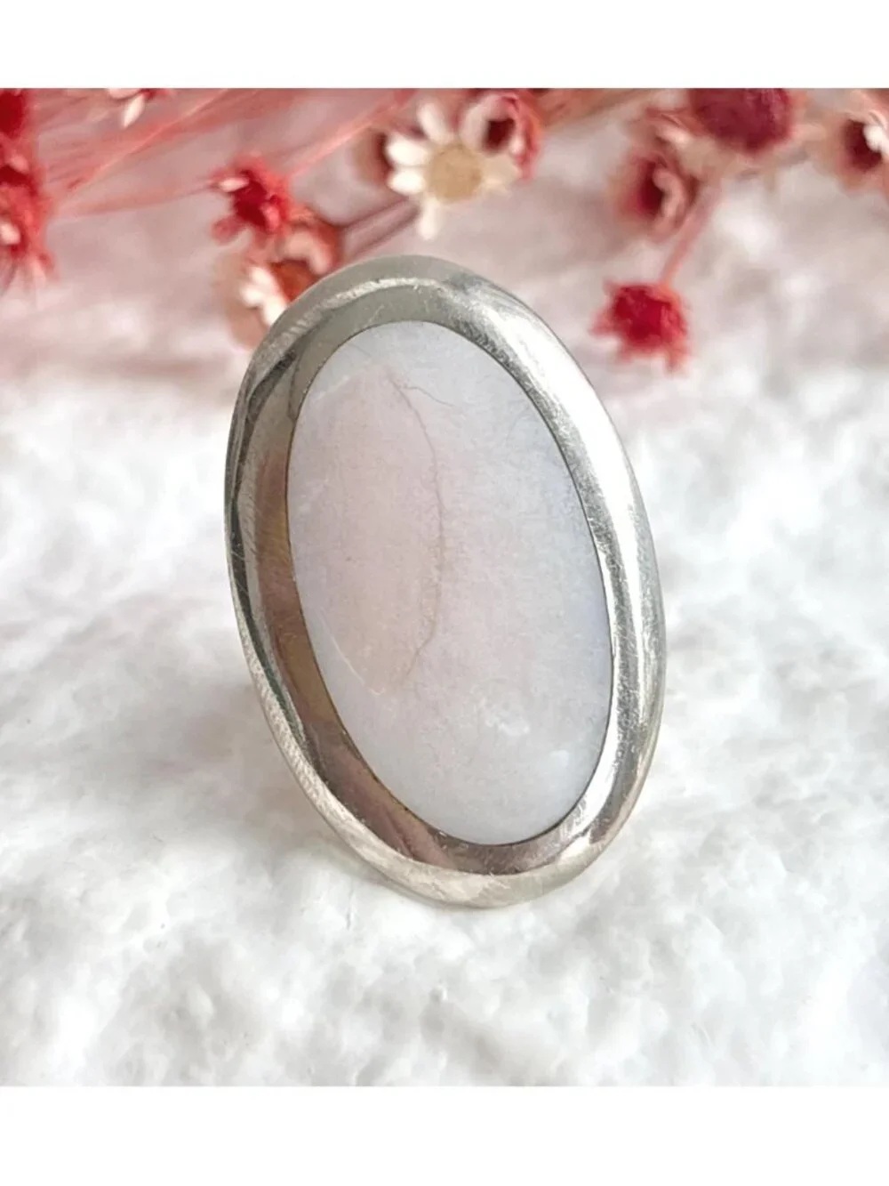 Pink Mother of Pearl Gemstone Minimalist Sterling Silver 925 Vintage Ring - sz 8